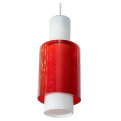 Danish Mid Century Modern Pendant Light in Red and Opaline Glass