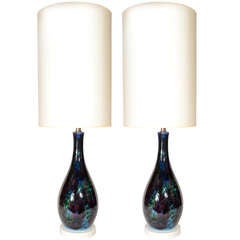 Vintage Pair of Modernist Drip Glazed Ceramic Lamps in Hues of Purple and Turquoise