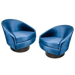 Pair of Luxe Swivel Lounge Chairs in Sapphire Velvet Designed by Milo Baughman Pair of Luxe Swivel Lounge Chairs in Sapphire Velvet Designed by Milo Baughman