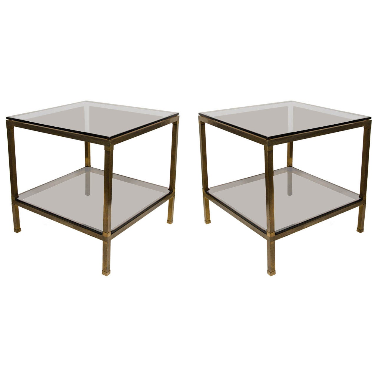 Pair of Modern Brass & Smoked Glass End Tables Attributed to Guy Lefevre