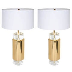Pair of Brass and Lucite Table Lamps in the Manner of Charles Hollis Jones