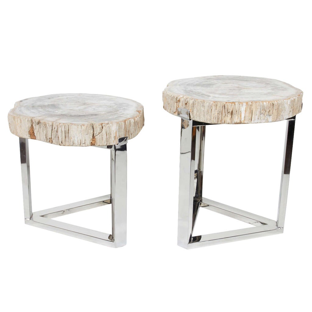 Pair of Petrified Wood Slab Side Tables with Chrome Bases