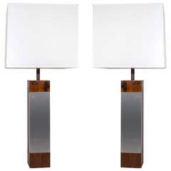 Pair of Streamline Rosewood Block Lamps with Chrome Banded Centers