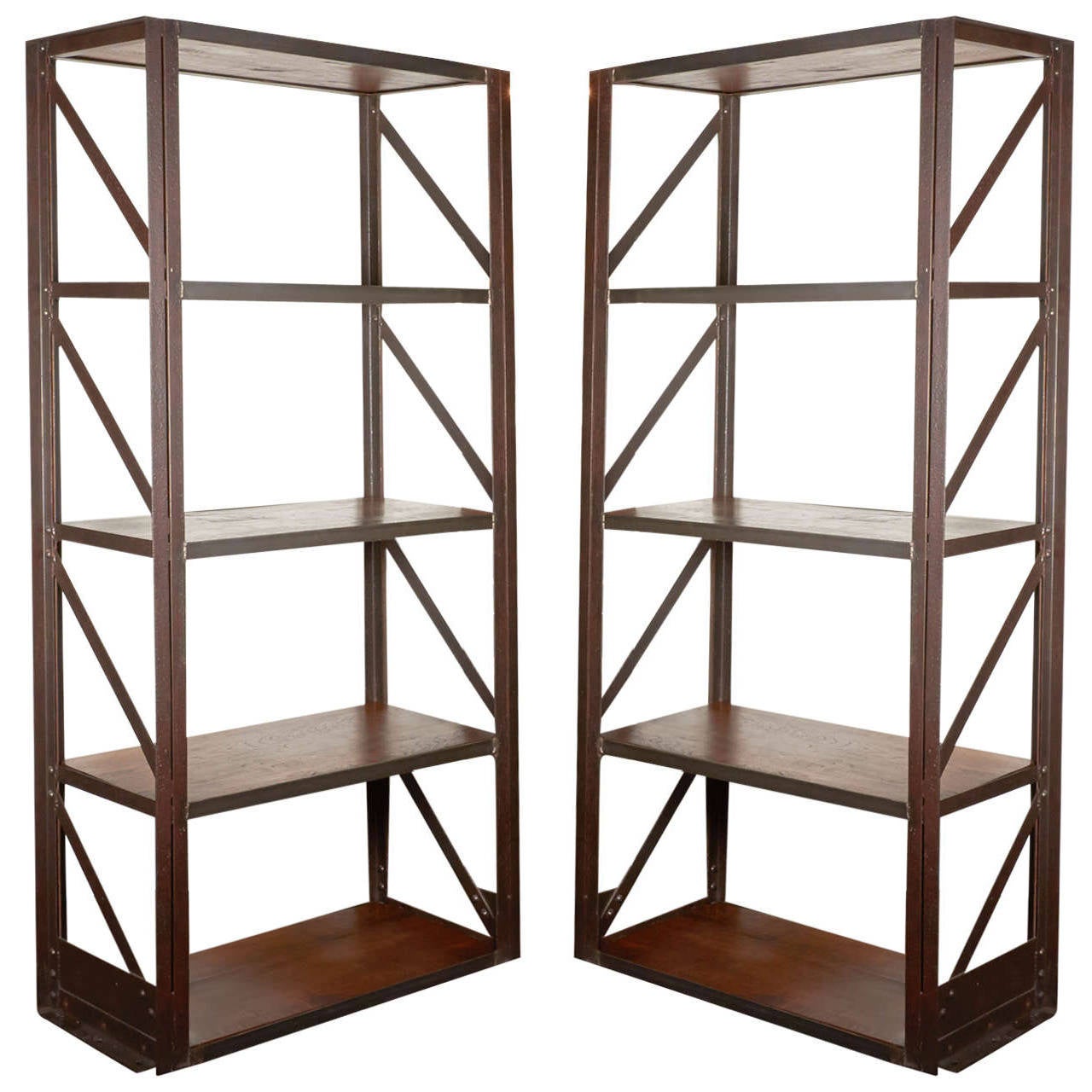 French Industrial Bookcases or Etageres with Steel Frames and Reclaimed Wood