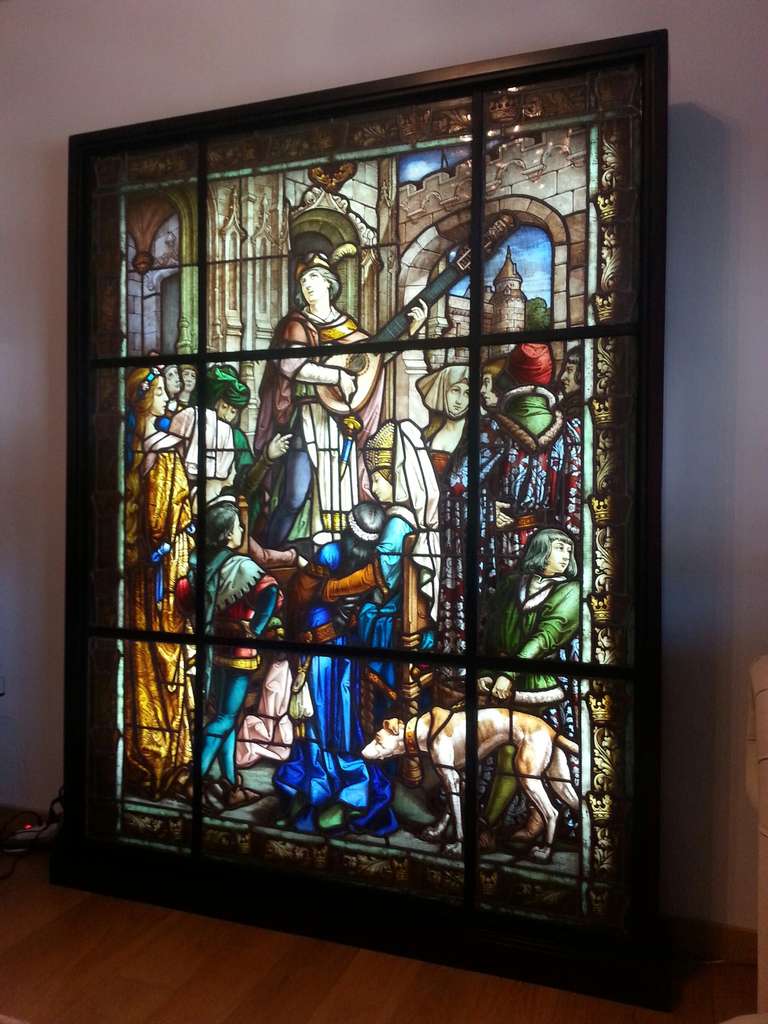 Spectacular stain glass window panel by renowned French artisans Mauméjean Frères of Paris.  Mauméjean Studio was founded in Paris in the early 1860's by Jules Mauméjean.  The Mauméjean family was one of several to revitalize the art of stained
