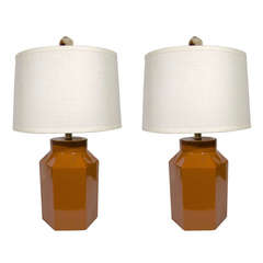 Pair of Mid Century Cognac Glazed Ceramic Lamps with Hexagon Design