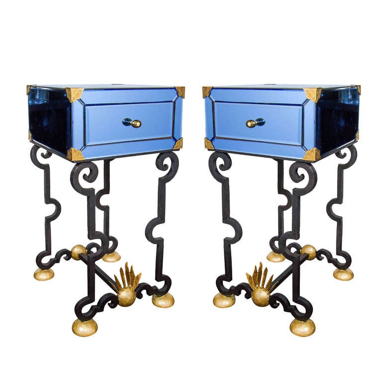 Pair of Exquisite Venetian Sapphire Mirrored and Wrought Iron End Tables
