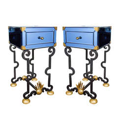 Vintage Pair of Exquisite Venetian Sapphire Mirrored and Wrought Iron End Tables