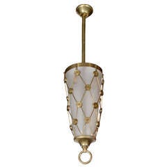 Elegant Brass and Frosted Glass Wire Cage Lantern Chandelier