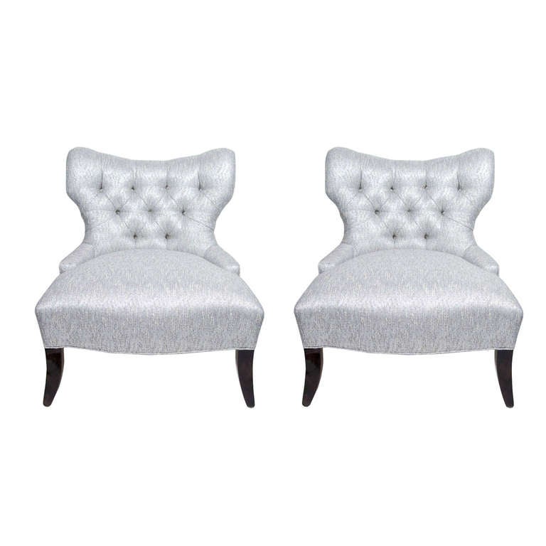 Pair of 1940s Hollywood Tufted Slipper Chairs Designed by Dorothy Draper