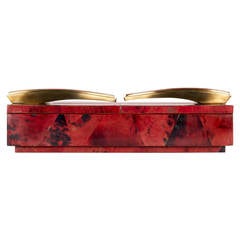 Vintage Exotic Dyed Pen Shell Jewelry Box in Ruby Red with Stylized Bronze Accents