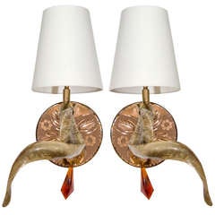 Vintage Pair of Venetian Etched Mirrored & Horn Sconces in the Style of Anthony Redmile