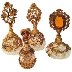 Collection of Four French Antique Perfume Bottles in Gilded Brass & Cut Crystal