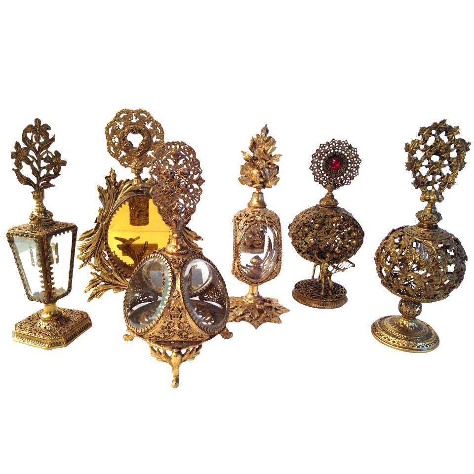 Collection of Six French Antique Perfume Bottles in Gilded Brass & Cut Crystal