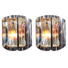 Pair of Iridescent Cut Crystal & Chrome Sconces Designed by Lobmyer