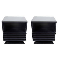 Pair of Modernist Black Lacquered End Tables with Fluted Drawers