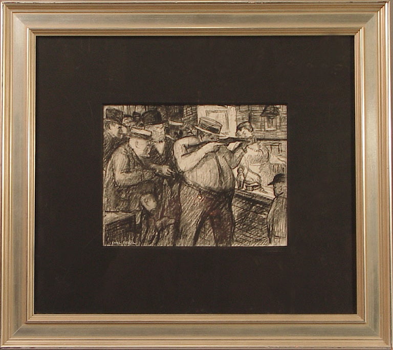 Charcoal Drawing by Carl Beetz of a Man with a Rifle at Shooting Gallery