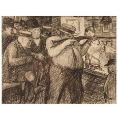 Charcoal Drawing by Carl Beetz of a Man with a Rifle at Shooting Gallery