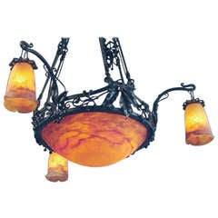 Phenomenal French Wrought Iron Chandelier with its Original Muller Art Glass