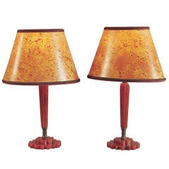 Antique Pair of Art Deco Bedside or Vanity Lamps of Amber Bakelite with Custom Shades