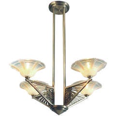 French Art Deco Chandelier with Blazing, Fiery Opalescent Shades