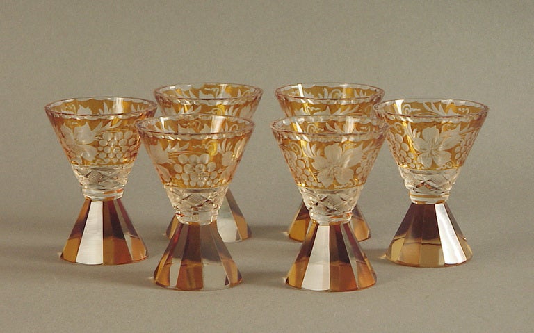 Czech Art Deco Cut glass Bohemian Liqueur Set - Grapes, Leaves, Vines