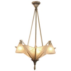 Antique Large French Art Deco Chandelier with Slip Shades, Geometry!
