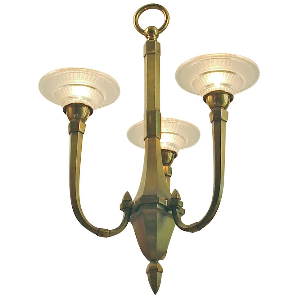 French Art Deco 3-light Brass "Up-light" Chandelier