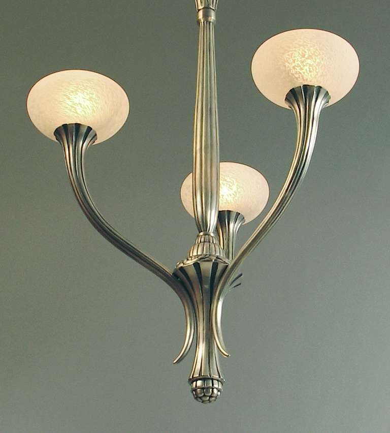 Svelte Ruhlmannesque French Art Deco Chandelier with Schneider Shades In Excellent Condition For Sale In San Francisco, CA