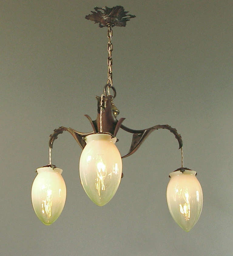 W.A.S. Benson Art Nouveau Chandelier with Multi-colored Opalescent Shades 4