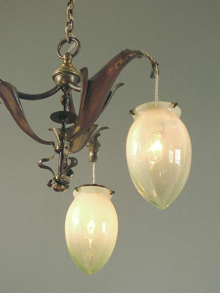 English W.A.S. Benson Art Nouveau Chandelier with Multi-colored Opalescent Shades