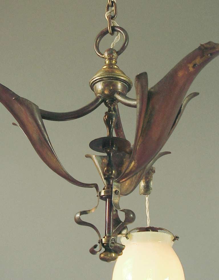20th Century W.A.S. Benson Art Nouveau Chandelier with Multi-colored Opalescent Shades