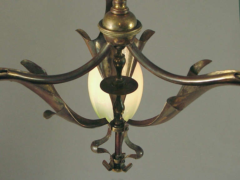 Brass W.A.S. Benson Art Nouveau Chandelier with Multi-colored Opalescent Shades