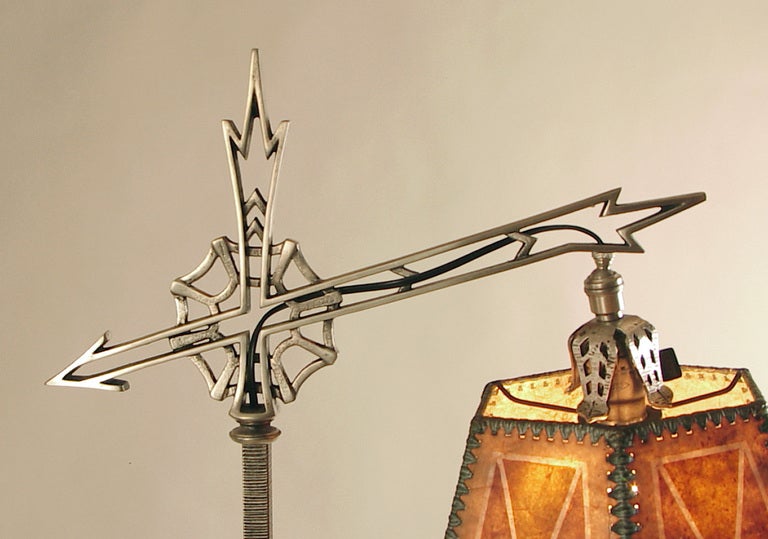 American Art Deco Mica Shade Floor Lamp (Nickel) with Tray In Excellent Condition In San Francisco, CA