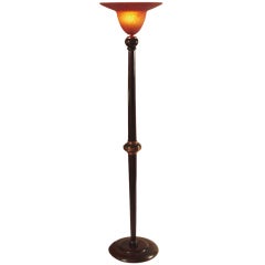 French Art Deco Wood & Copper Torchiere with Art Glass Shade
