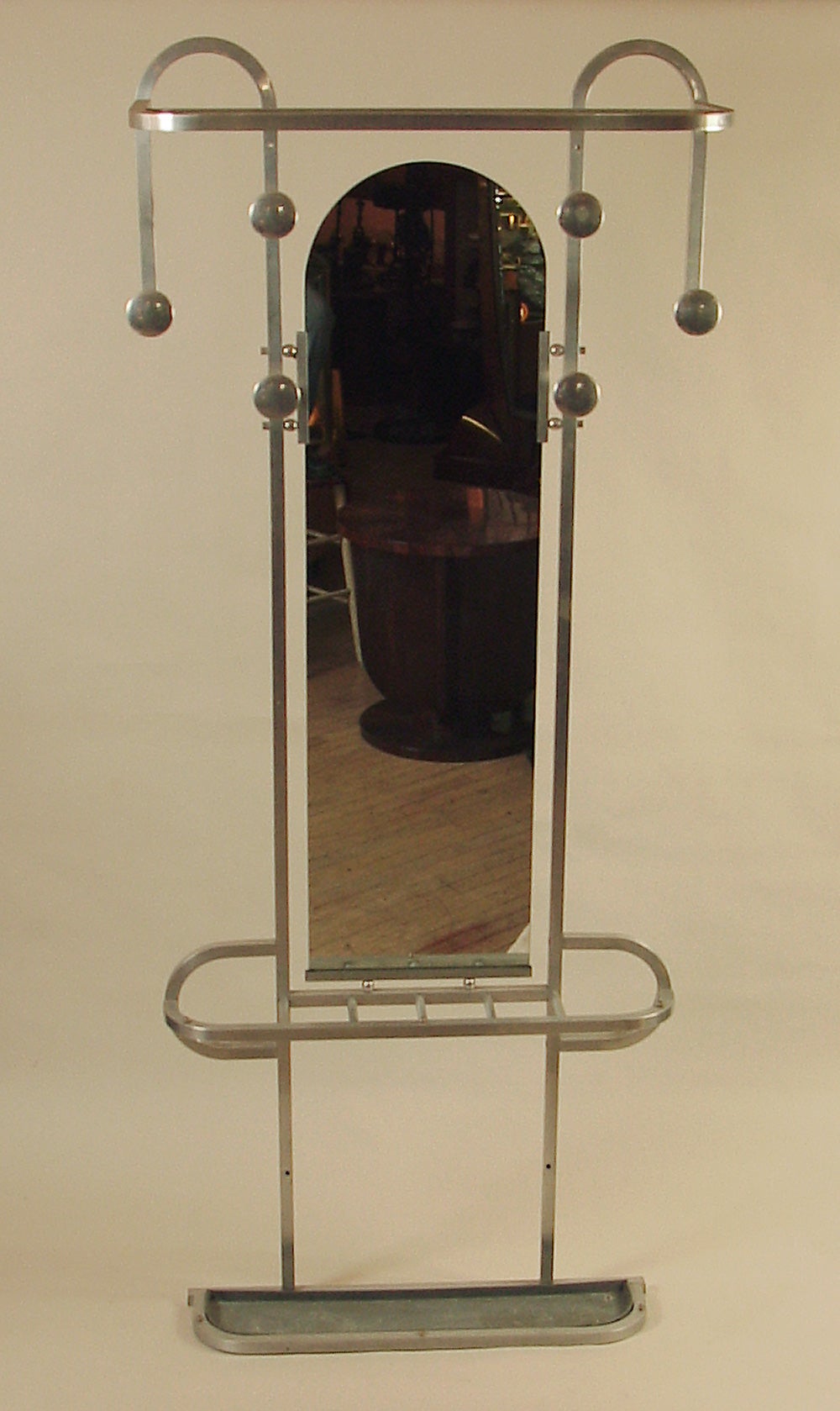 French Art Deco Aluminum Hall Tree or Coat Rack with Large Mirror