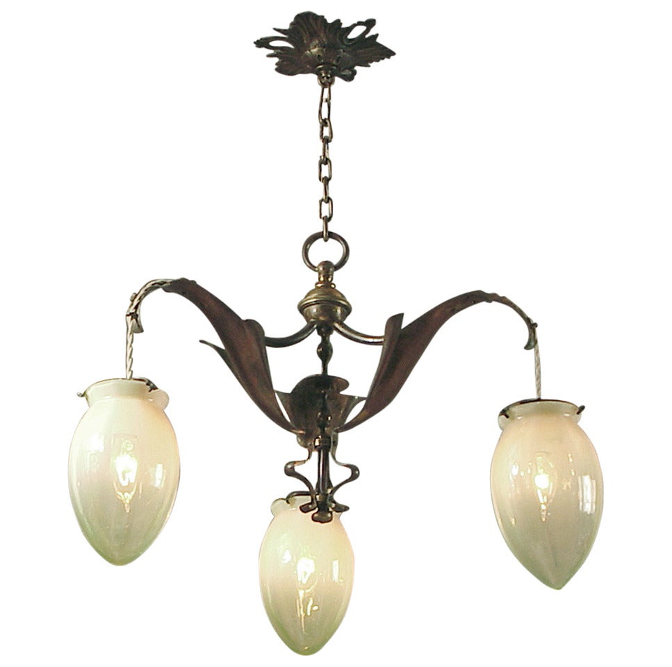 W.A.S. Benson Art Nouveau Chandelier with Multi-colored Opalescent Shades