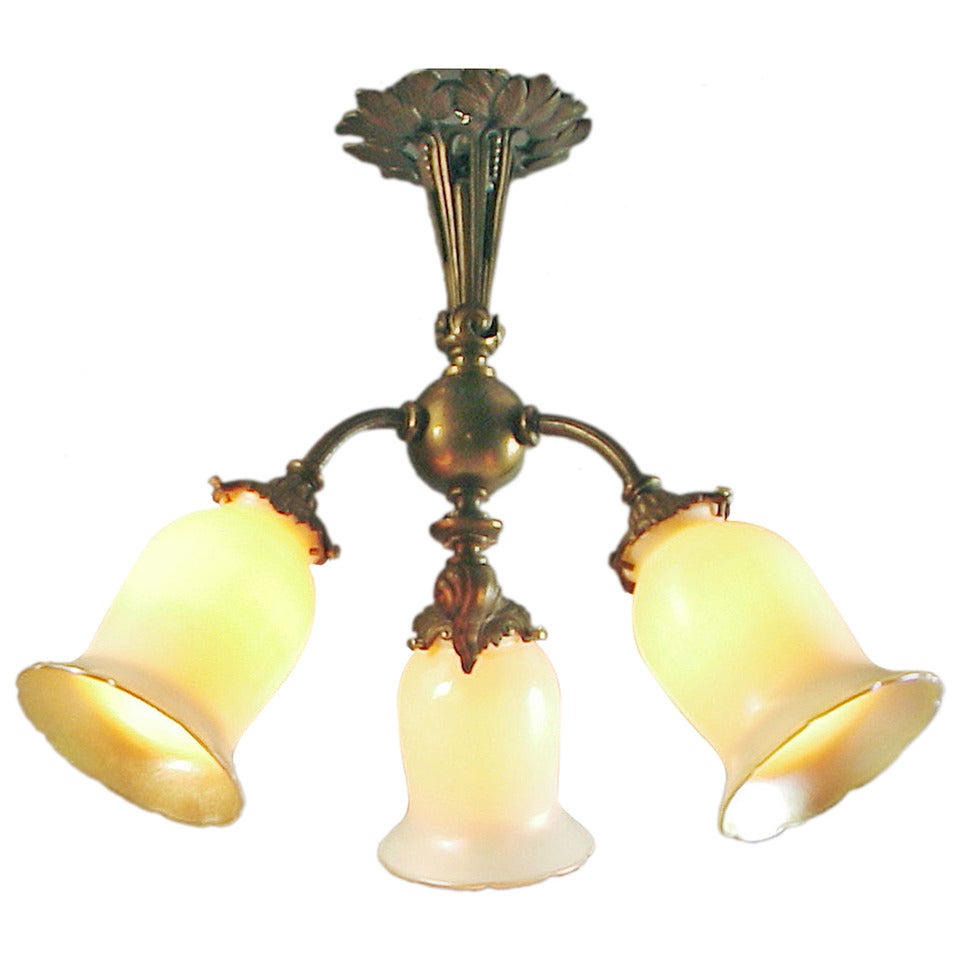 French Art Nouveau Flush Mount Fixture with American Art Glass For Sale