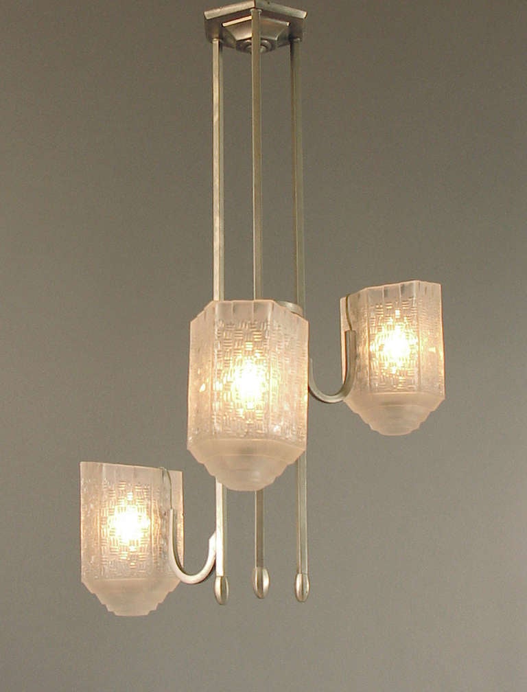 Asymmetrical French Art Deco/Modernist Chandelier with Exceptional Glass Shades