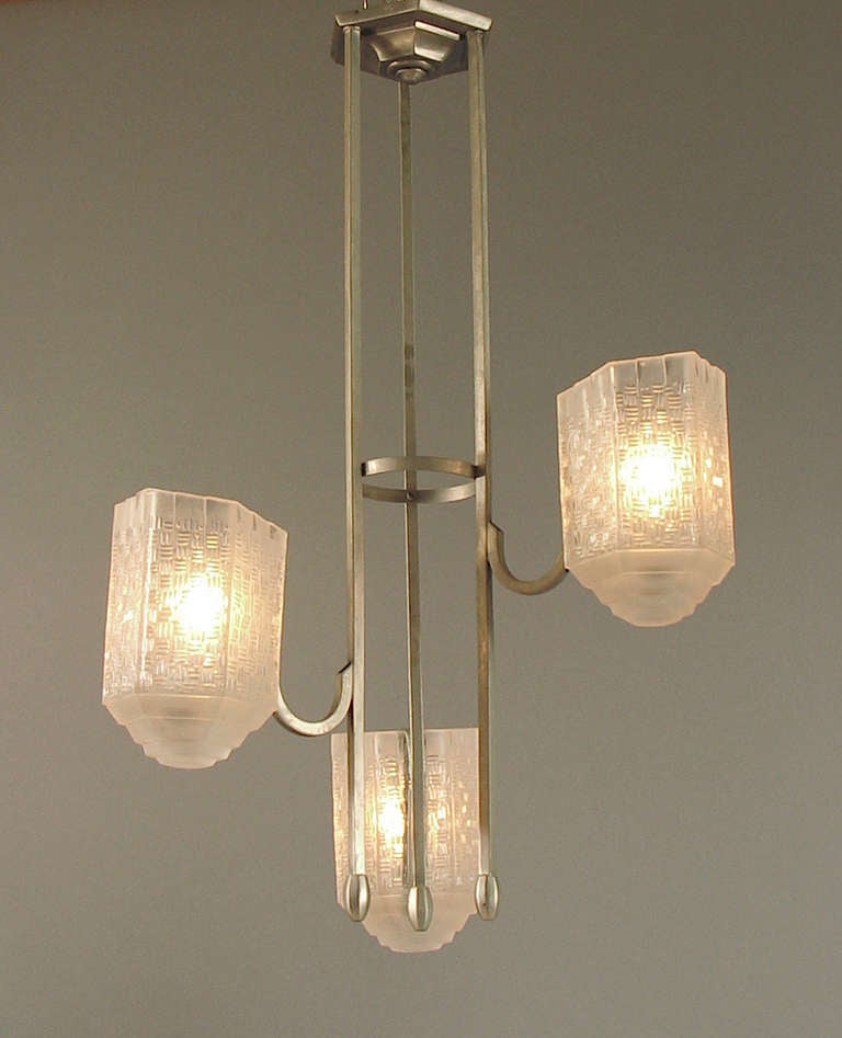Asymmetrical French Art Deco/Modernist Chandelier with Exceptional Glass Shades In Excellent Condition For Sale In San Francisco, CA