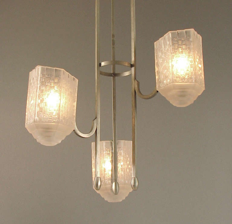 Mid-20th Century Asymmetrical French Art Deco/Modernist Chandelier with Exceptional Glass Shades For Sale