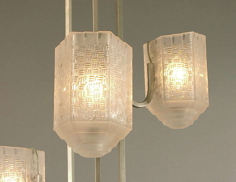 Asymmetrical French Art Deco/Modernist Chandelier with Exceptional Glass Shades For Sale 1