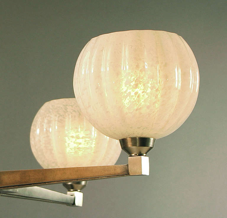 Brass A Spare, French Art Deco/Modernist Lighting Fixture with Glass Ball Shades For Sale