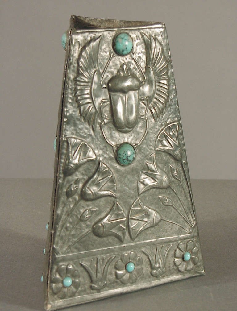 Fabulous decorative French design -- scarabs, stylized tulips, interplay of the turquoise colors with the pewter, triangular shape narrowing toward the top, pyramid-like!
