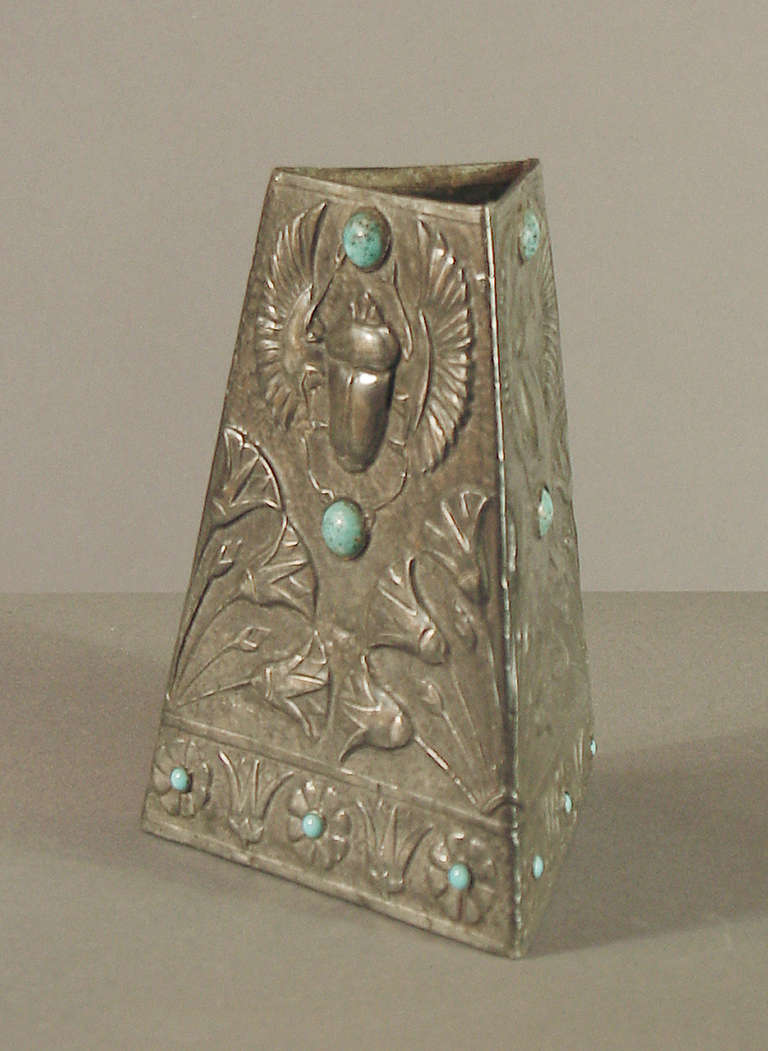 A Hand-made French Art Deco/Nouveau Pewter Vase with Turquoise; Egyptian Motifs In Excellent Condition In San Francisco, CA