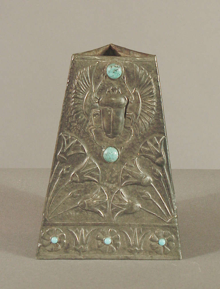 20th Century A Hand-made French Art Deco/Nouveau Pewter Vase with Turquoise; Egyptian Motifs