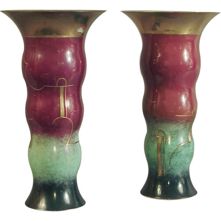 Pair Art Deco/Moderne WMF Patinated Brass Vases For Sale