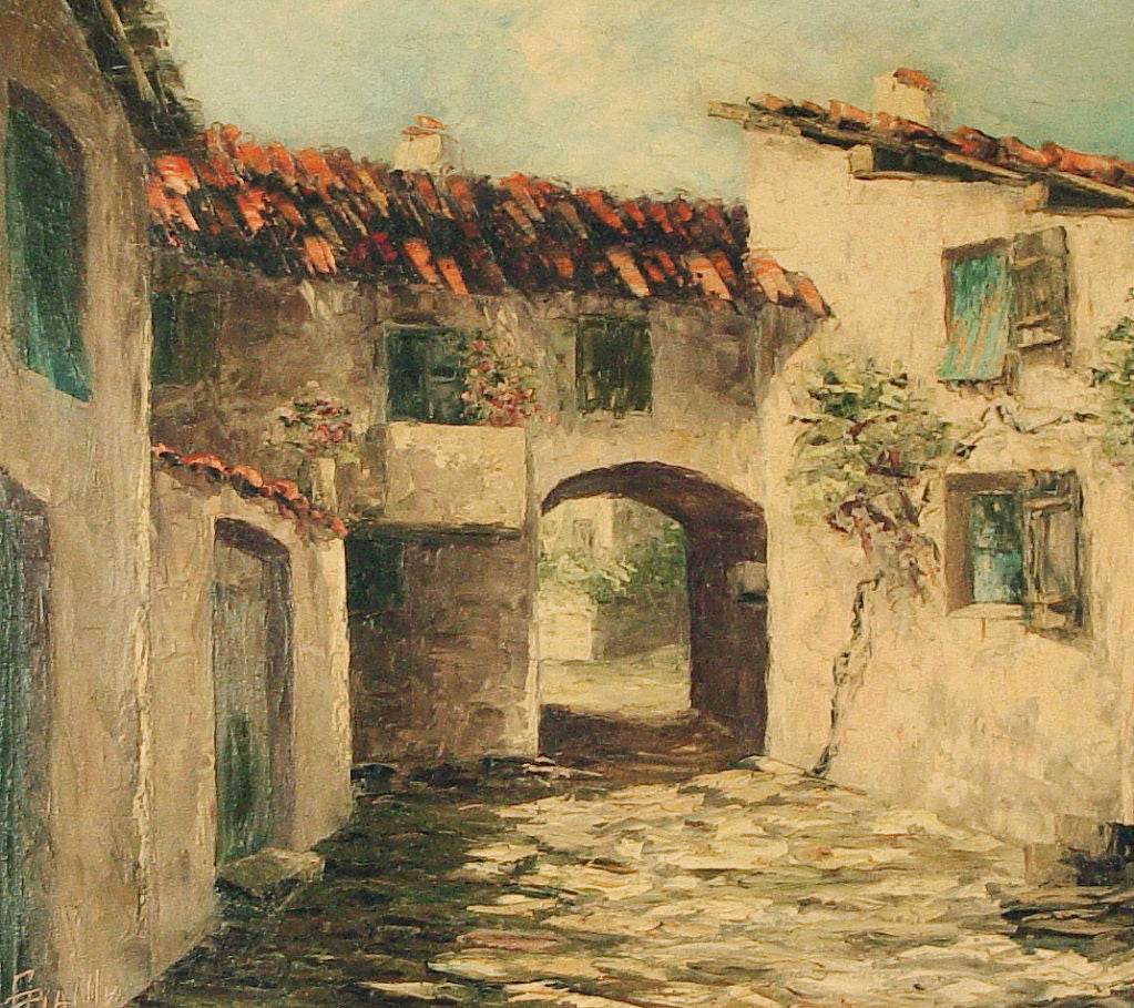 Signed G. Bailly (Benezit lists a Georgette Bailly), this large oil painting appears to have been one hundred percent accomplished by the impasto technique, with a palette knife; I can't find a single brush stroke anywhere on the canvas.  Bailly has