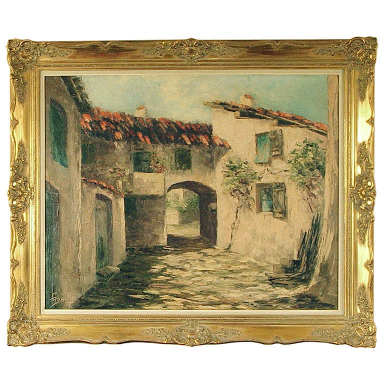 French Oil on Canvas Painting by G. Bailly: Village in Provence For Sale