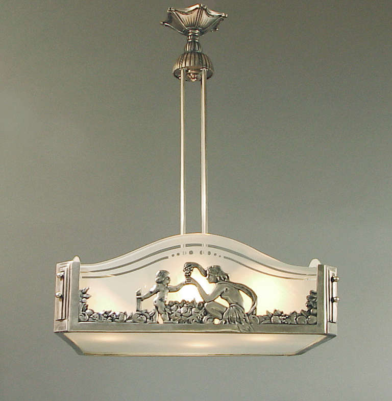 Nickel French Art Deco Chandelier Featuring an Earth Mother and her Darling Child For Sale